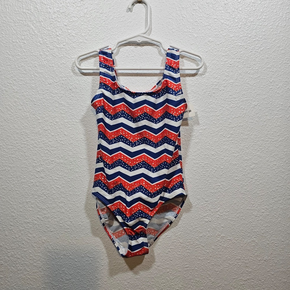 Joe Boxer Red, White, and Blue Chevron Striped One Piece Girls Swimsuit‎ Size 6